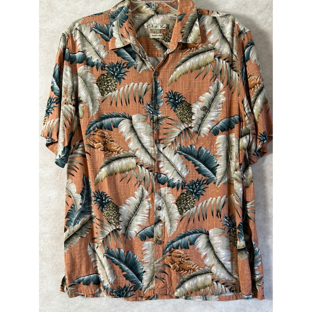 Batik Bay Mens Large Orange Tropical Pineapple Palm Rayon Short Sleeve Shirt